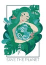 Banner with natural woman with green hair hugging our planet